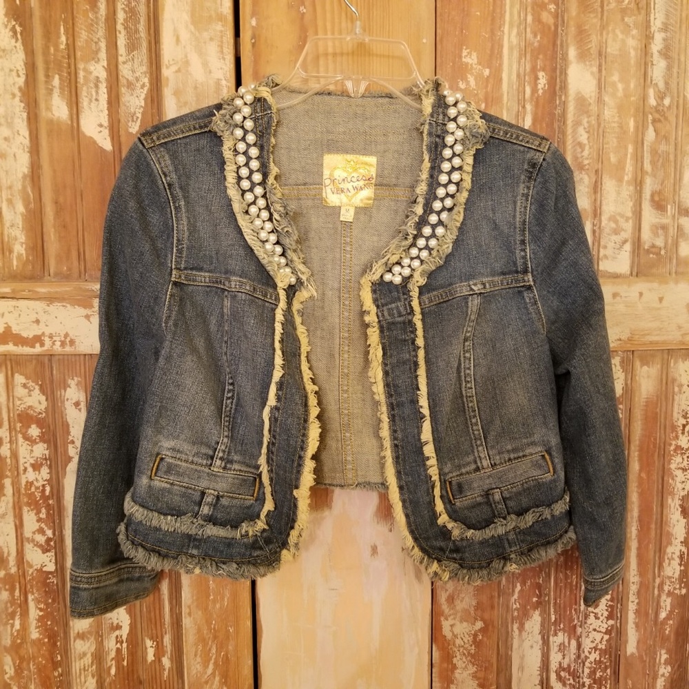 Princess Vera Wang Crop Blue Jean Jacket with Pearl Accents medium